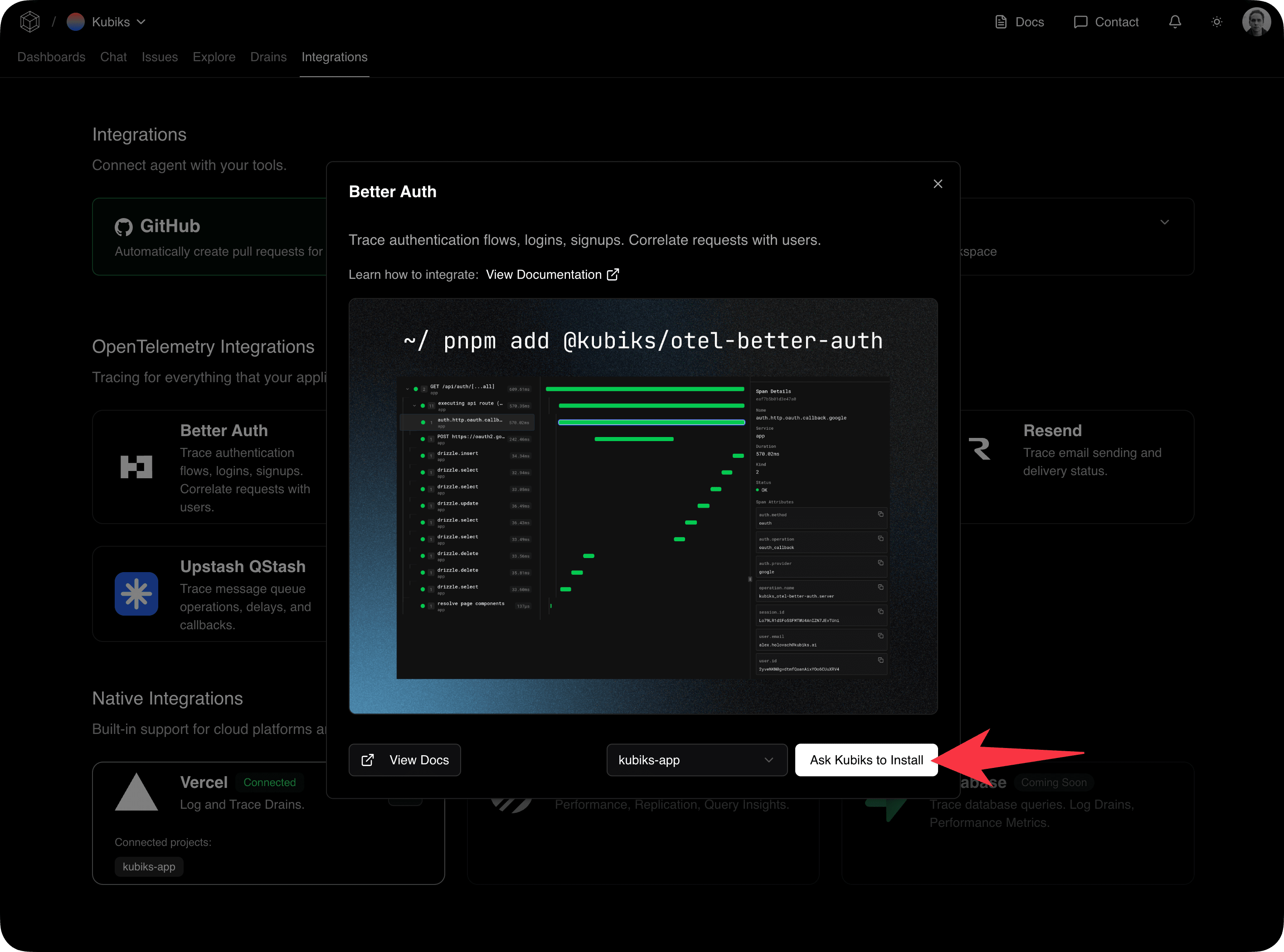 Kubiks AI automatically installing integrations
